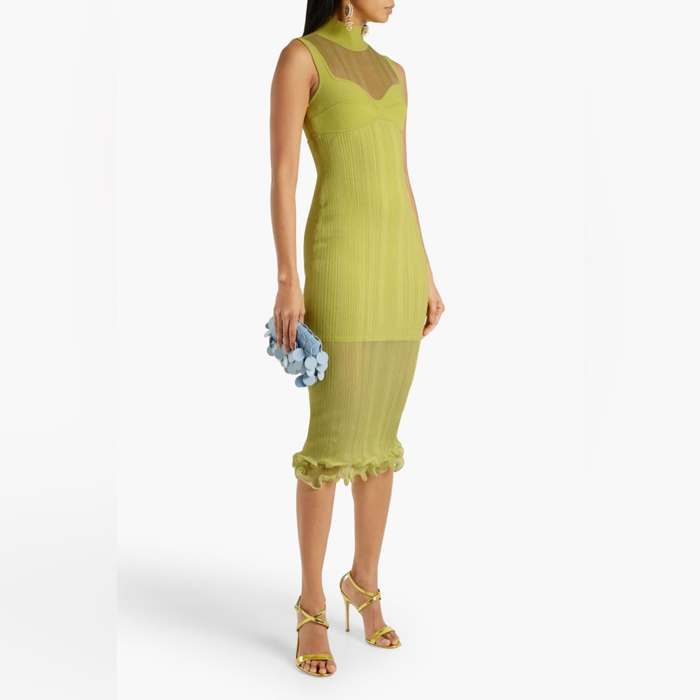 HERVÉ LÉGER Ribbed tulle and stretch-knit bodycon midi dress